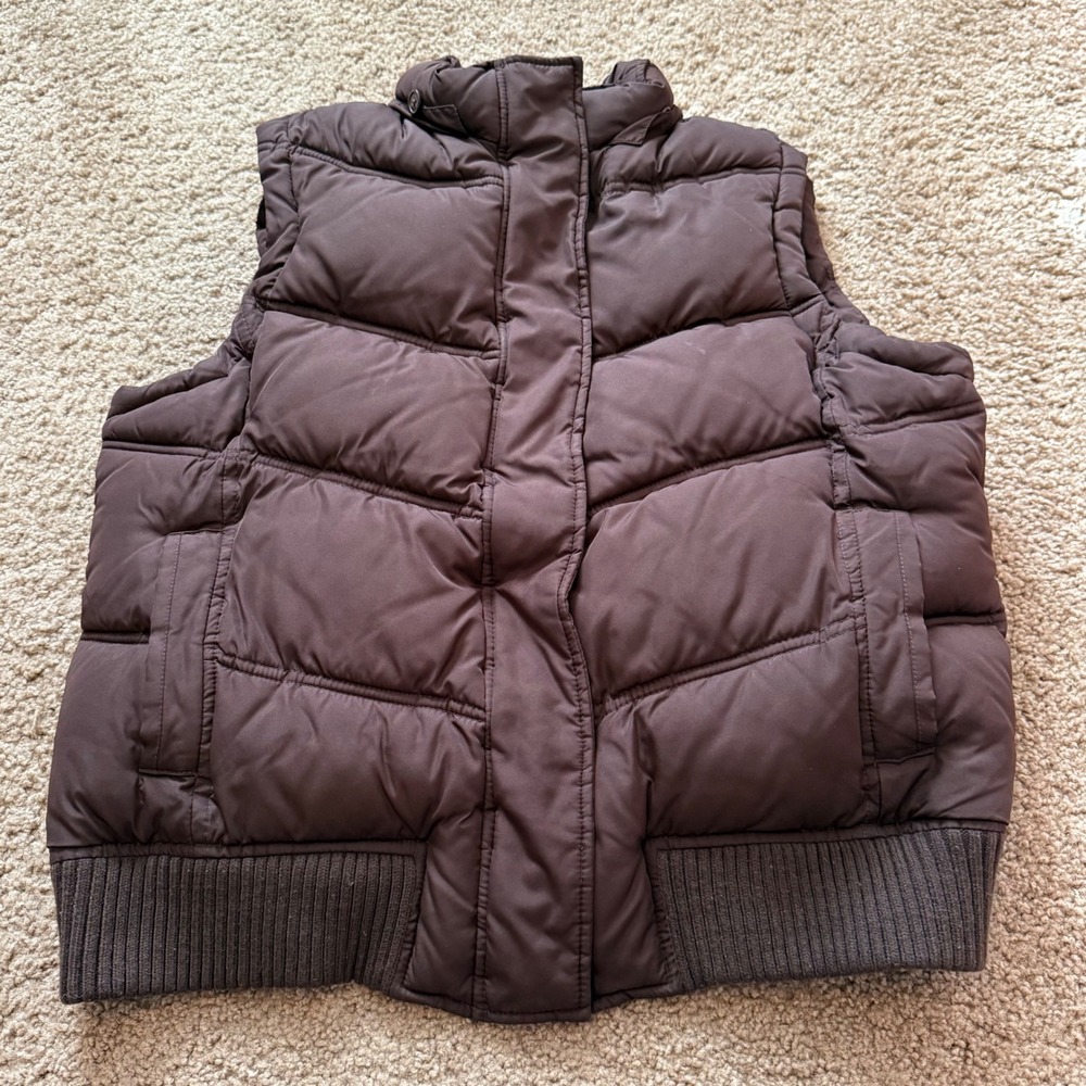 Gap Womens Brown Puffer Vest Quilted Full Zip Snap Ribbed Hem Large
